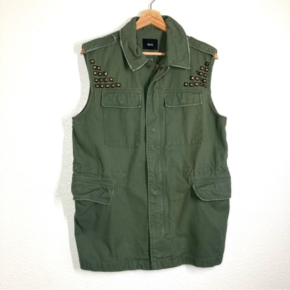 BDG Urban Outfitters Boho Vest Studded Army Green M Distressed Cotton Oversize - Picture 8 of 16